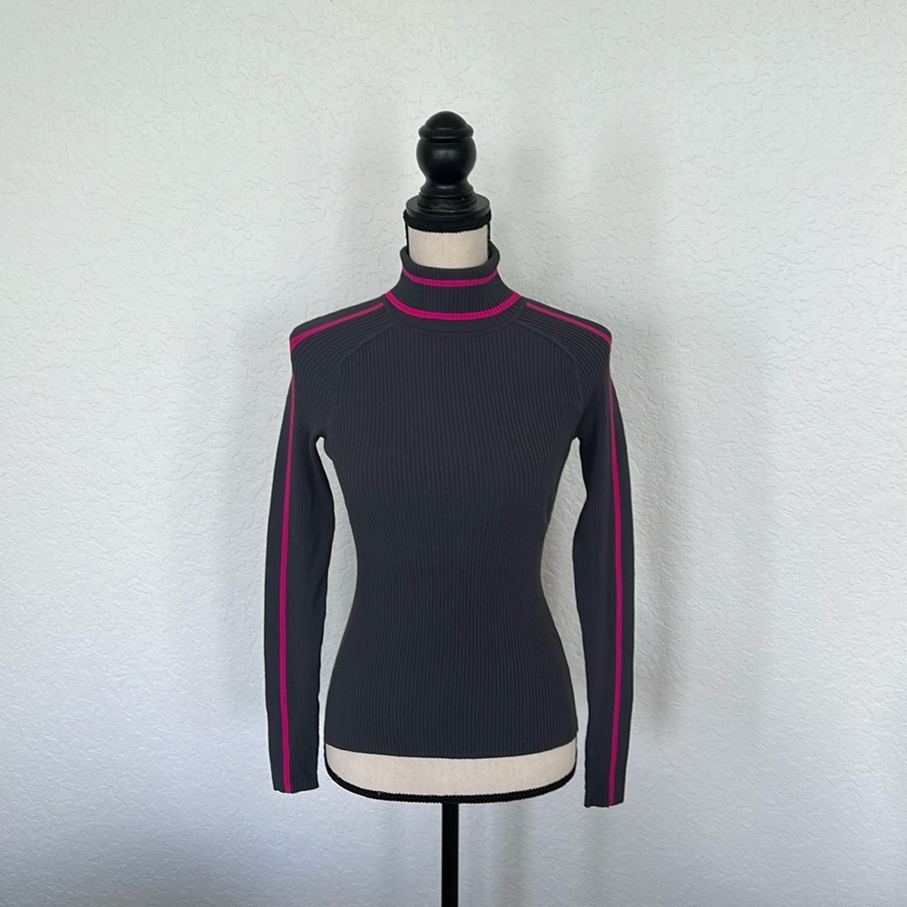 Milly Knit Racerstripe Turtleneck New with Tags in charcoal and pink, Size Small